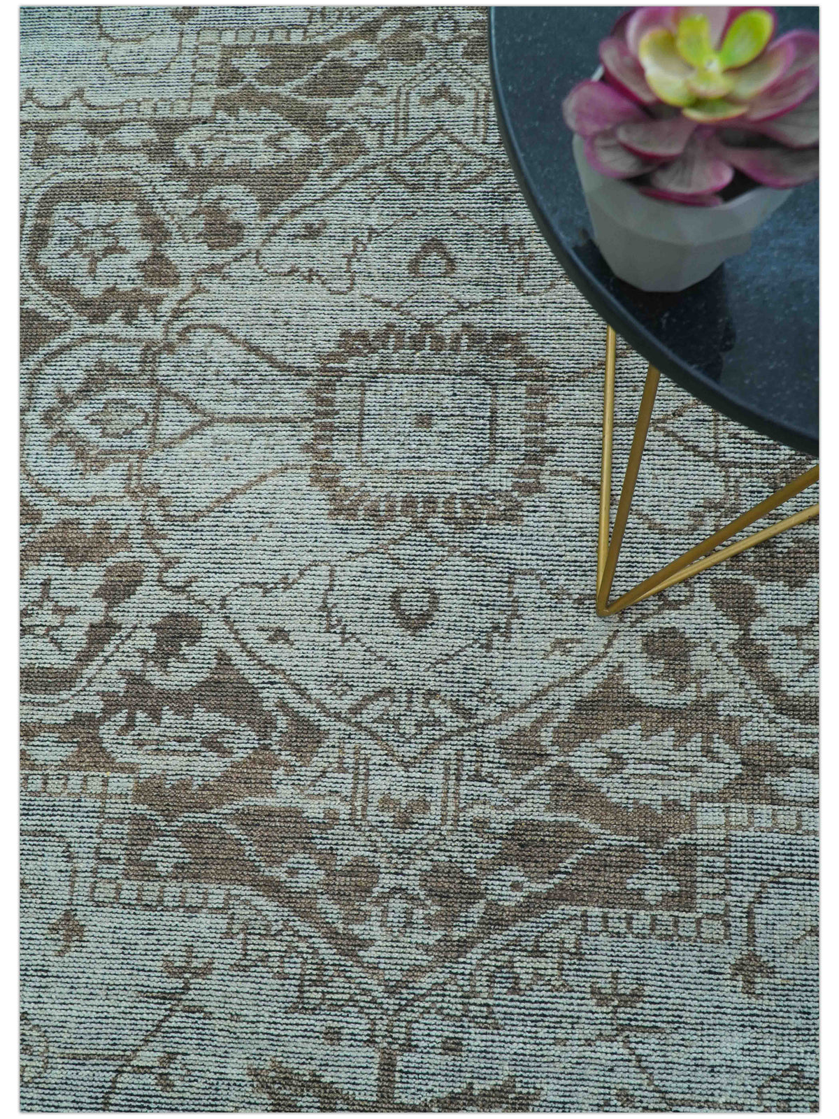 Jewel Custom Made Hand Knotted Traditional Design Brown Wool Area Rug.