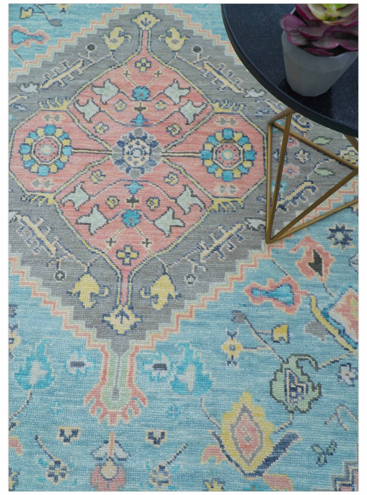 Eliane Custom Made Traditional Style Pink And Blue Hand Knotted Wool Area Rug.