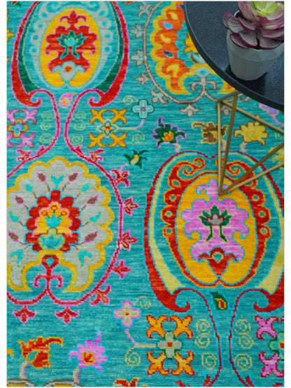 Custom Made Traditional Oriental Design Teal Hand Knotted Wool Area Rug.
