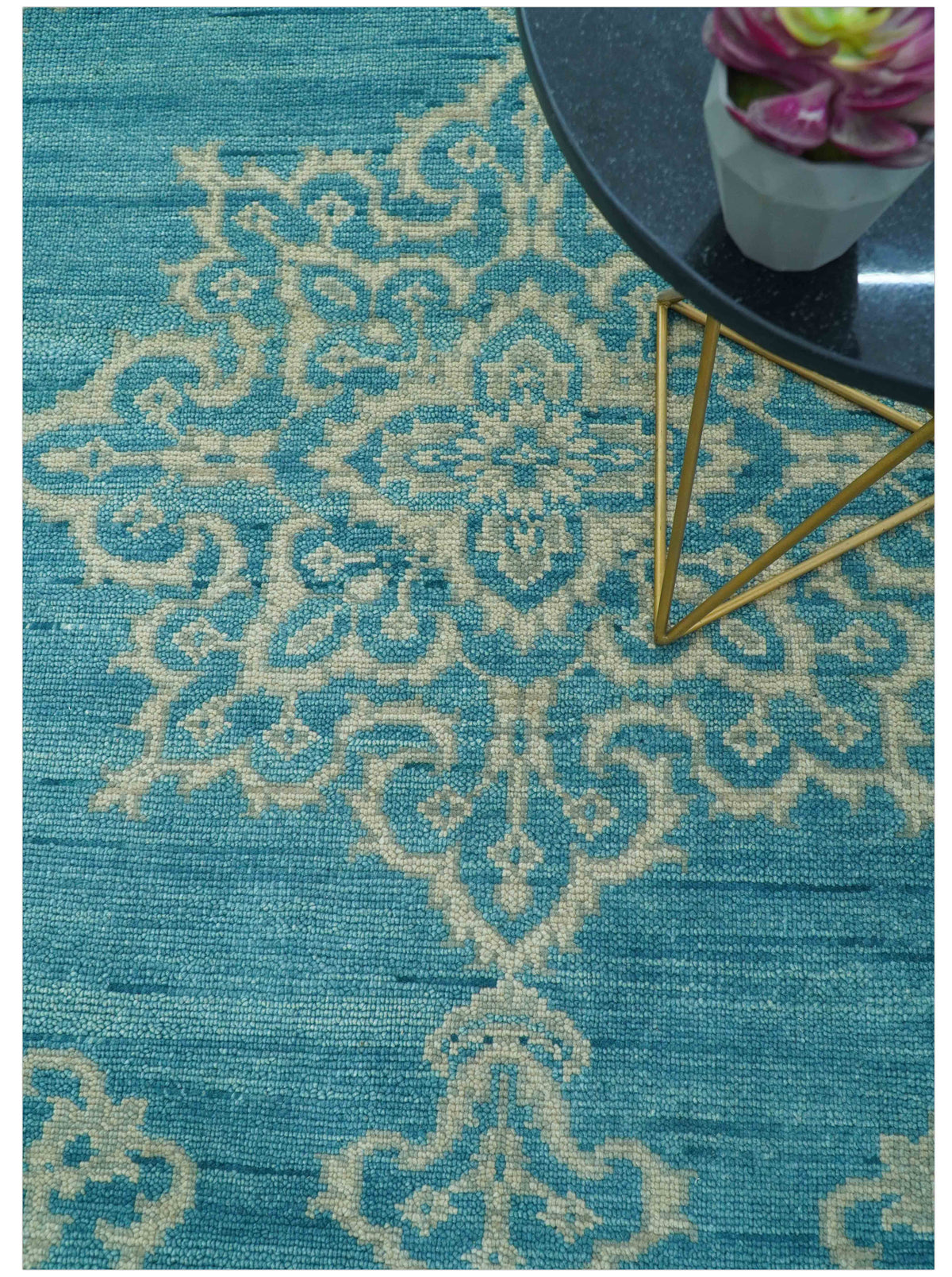 Custom Made Traditional Turkish Design Blue Hand Knotted Wool Area Rug.