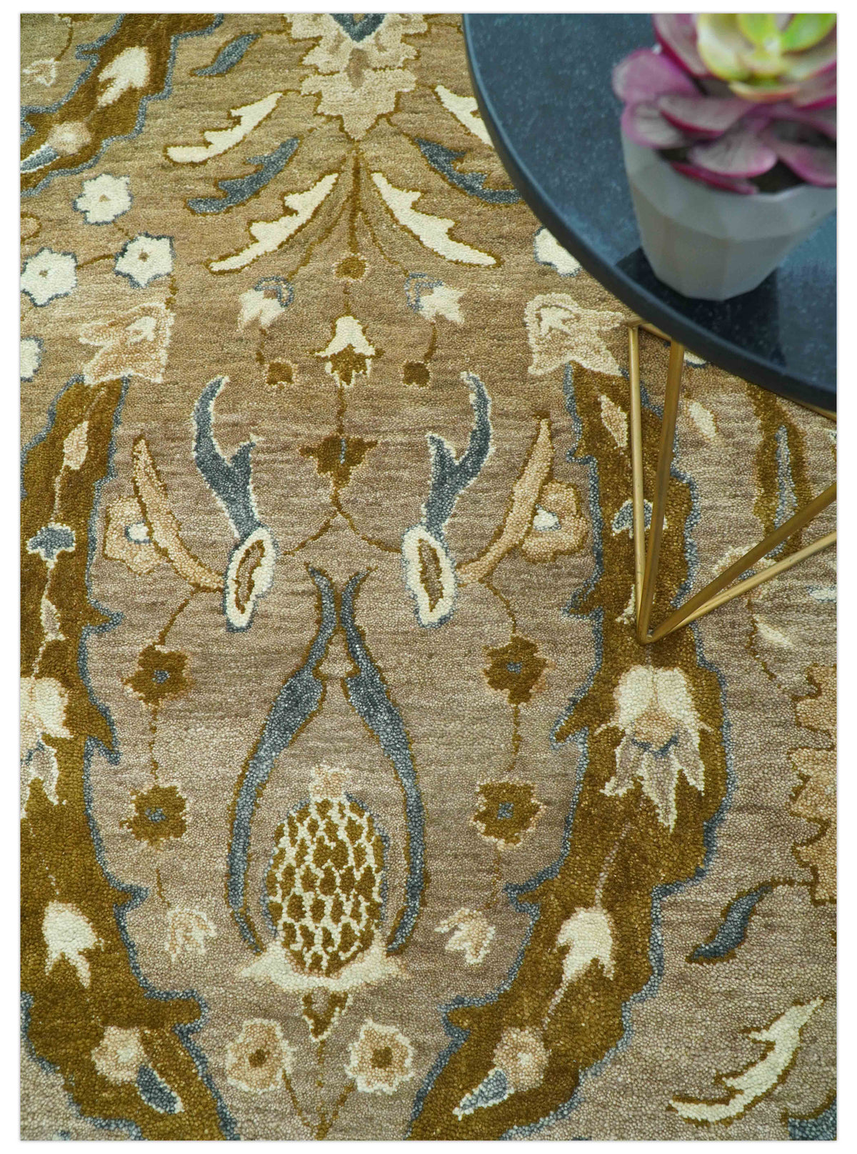 Custom Made Traditional Oushak Brown Hand Tufted Wool Area Rug.