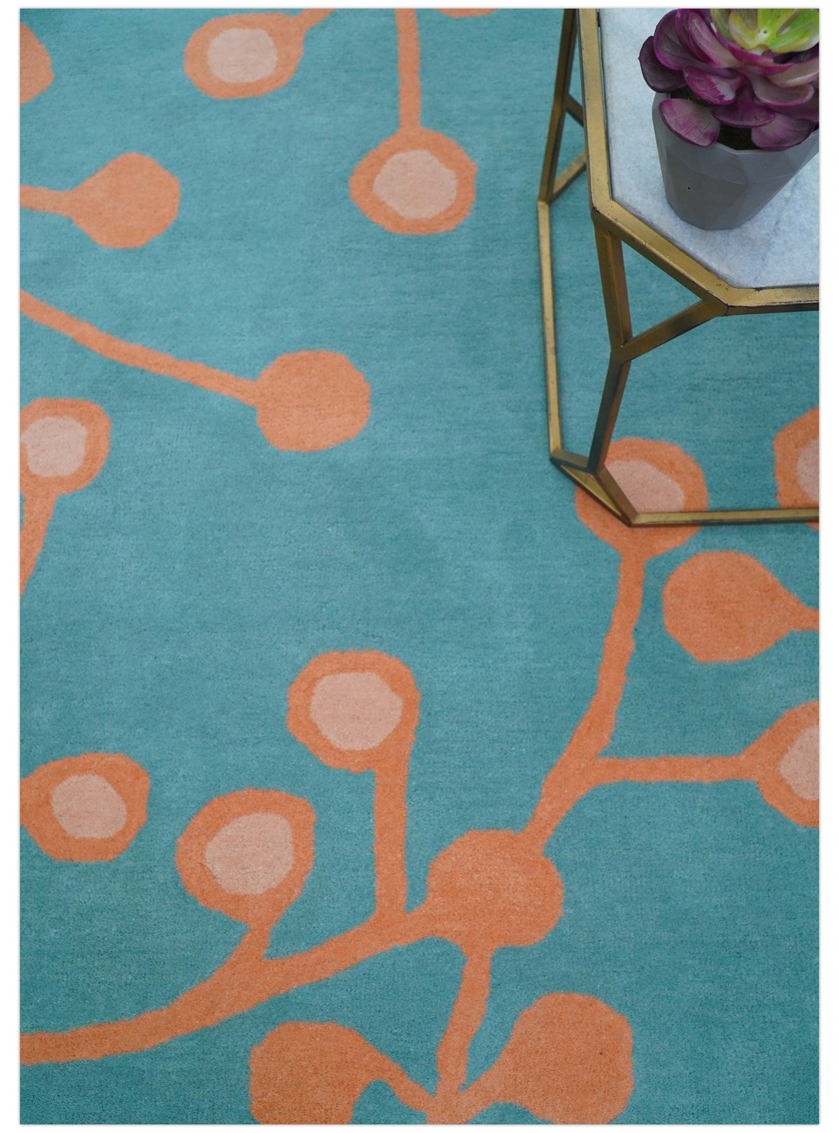 Custom Made Modern Floral Design Blue Hand Tufted Wool Area Rug.