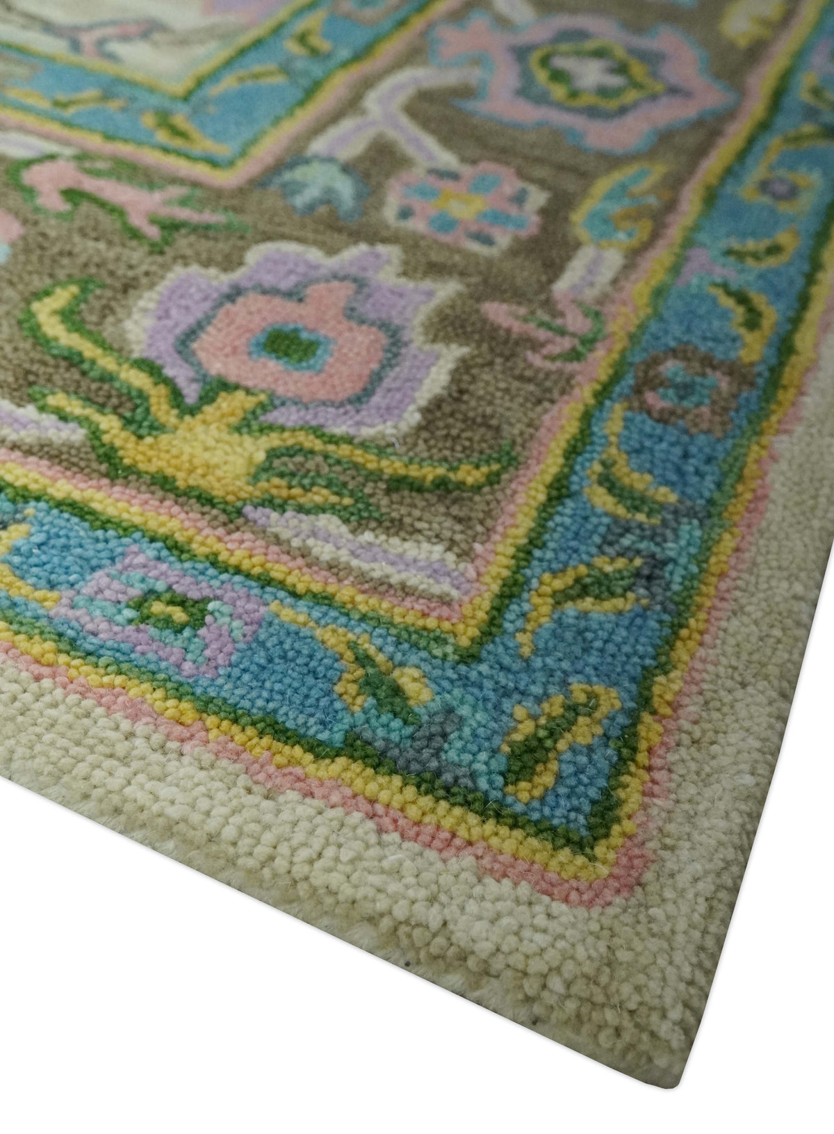 Custom Made Beige, Blue and Purple Traditional Floral Hand Tufted wool rug.