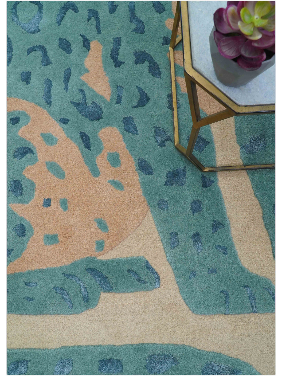 Custom Made Modern Animal Pattern Teal And Beige Hand Tufted Wool Area Rug.