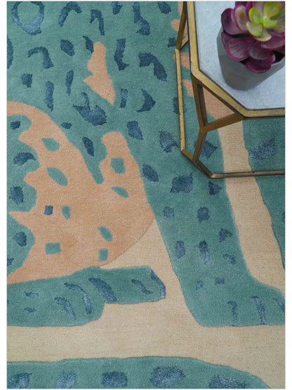 Custom Made Modern Animal Pattern Teal And Beige Hand Tufted Wool Area Rug.