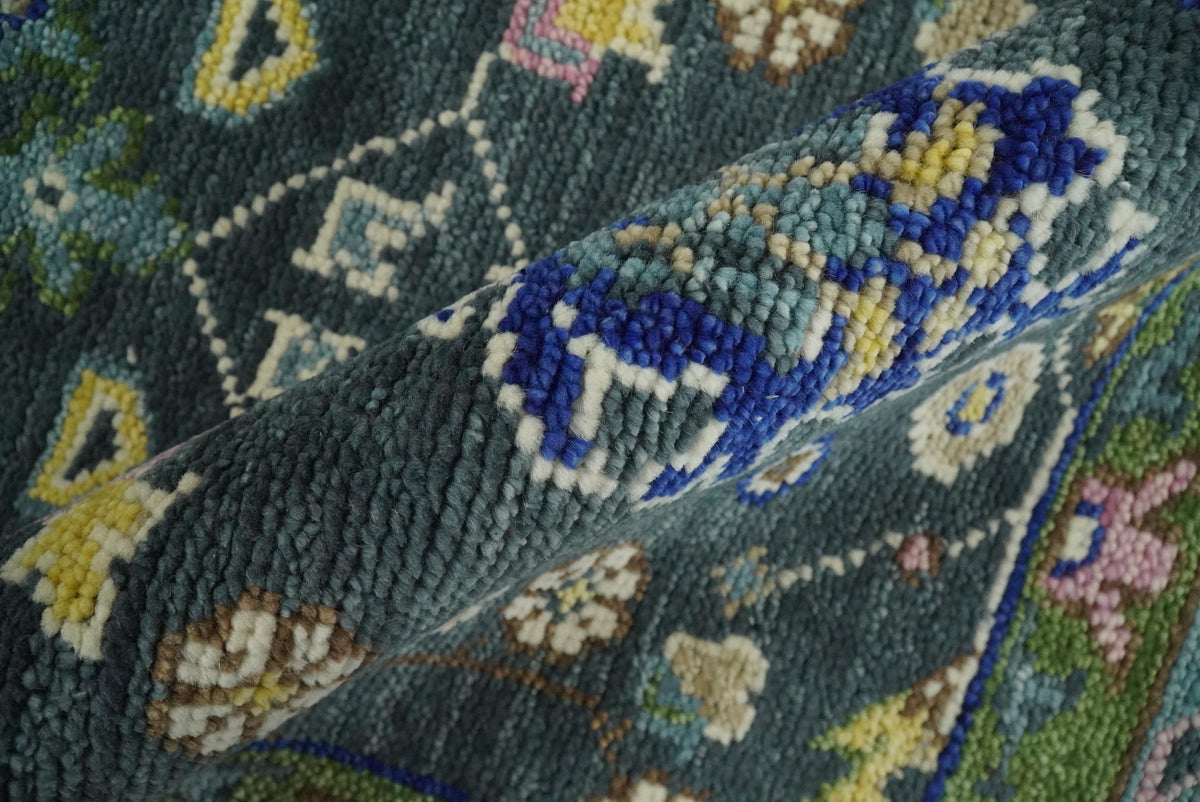 Antique Design Hand Knotted Charcoal, Green Moss and Blue Oushak Custom Made Rug.