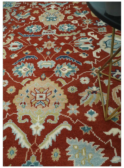 Floral Brown, Blue and Beige Hand Knotted Oriental Oushak Multi Size wool Area Rug.