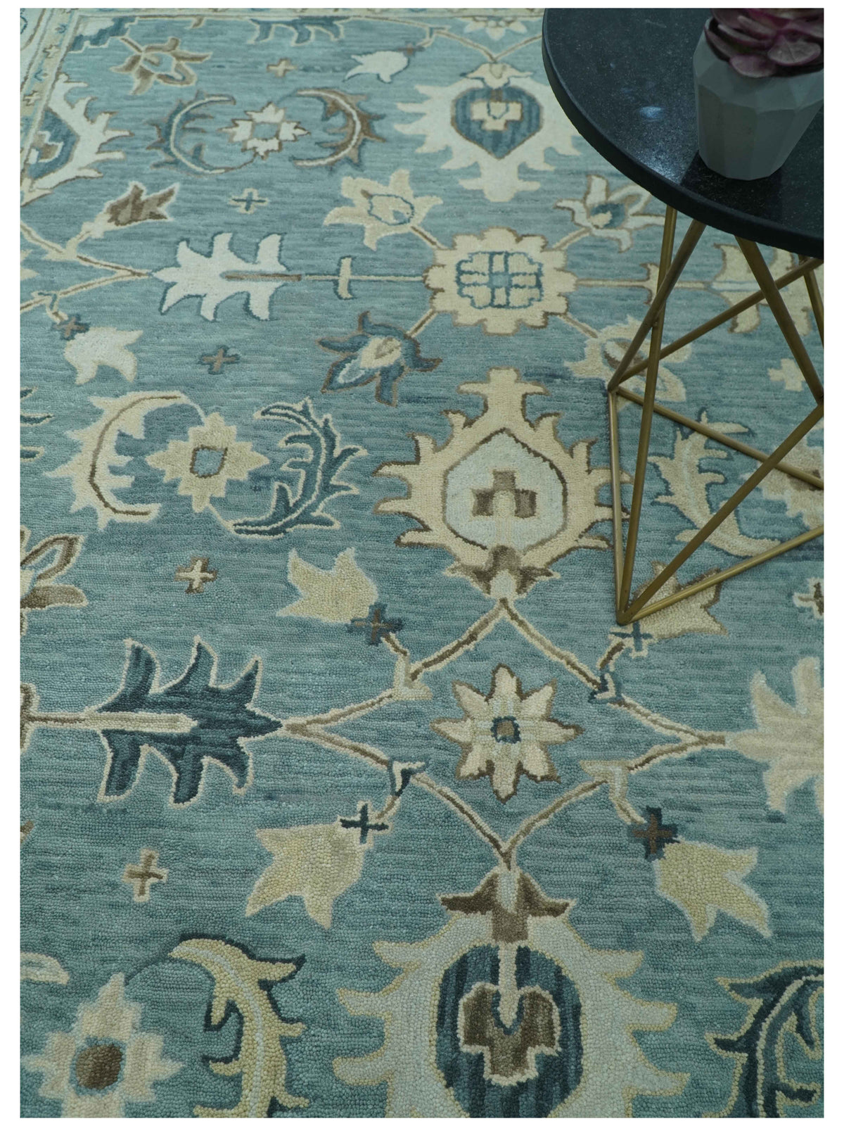 Custom Made Aqua, Ivory and Beige Hand Tufted Oriental Oushak wool area rug.