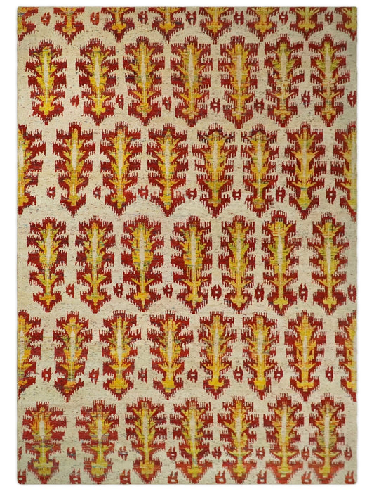 Hand Knotted Beige, Rust and Gold Modern Contemporary Southwestern Tribal Trellis Recycled Silk Area Rug.