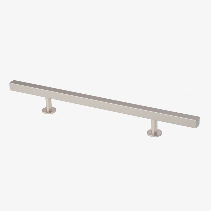 Lew's Square Bar Cabinet Knobs and Pulls in Brushed Nickel.