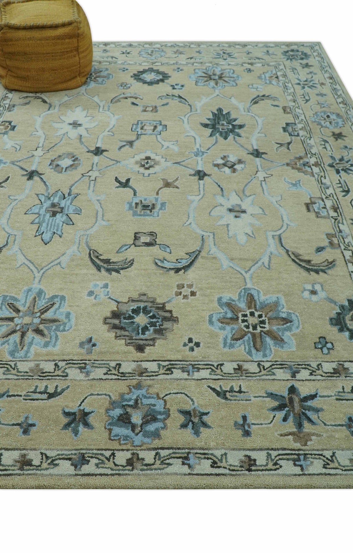 Custom Made Beige, Ivory and Blue Hand Tufted Floral Oriental Oushak wool area rug.