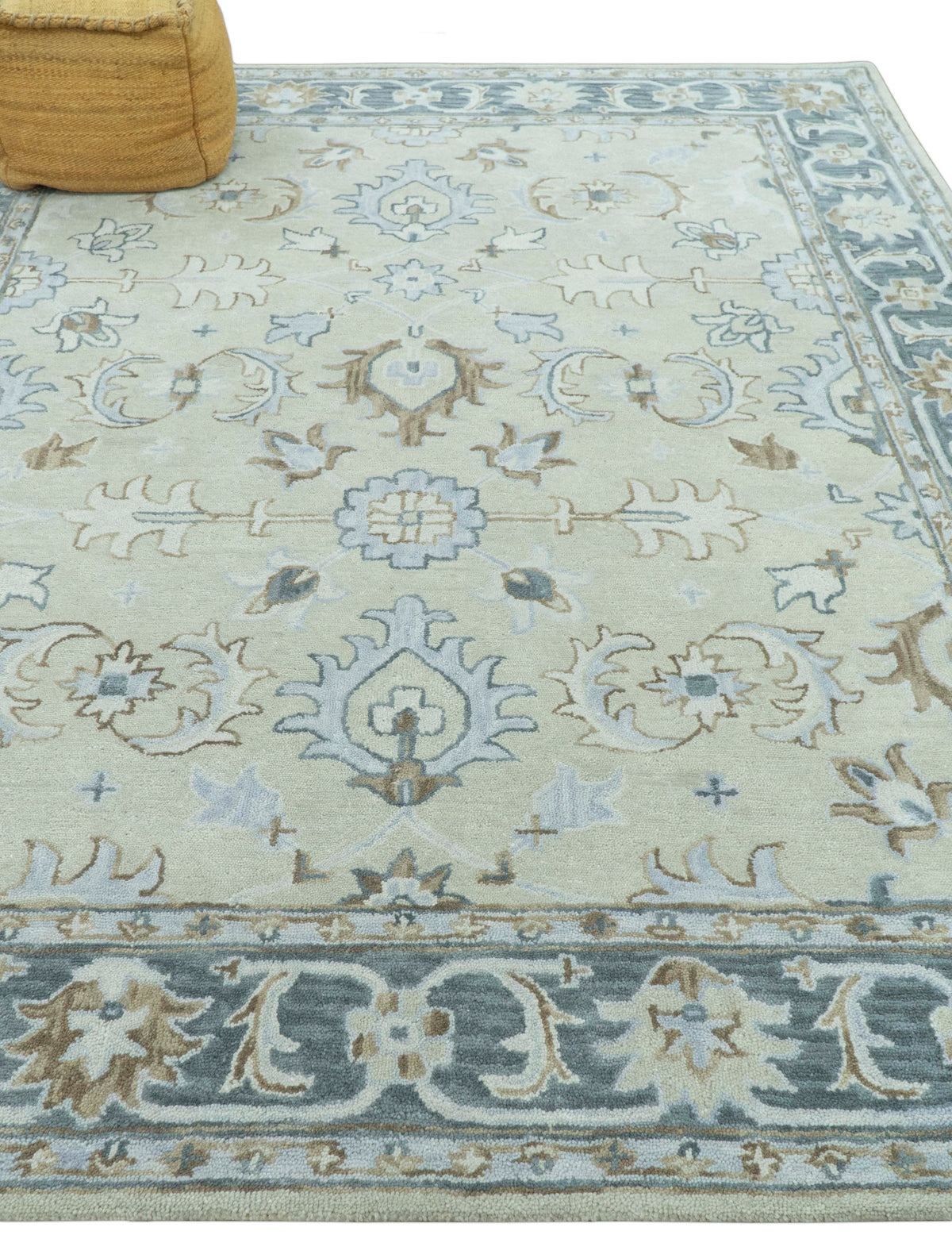 Traditional Oushak Design Beige And Blue Hand Tufted Custom Made Wool Rug.