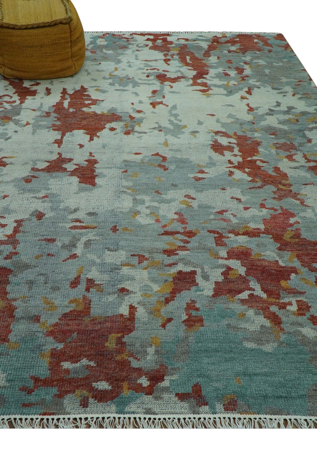 Custom Made Rust And Gray Modern Abstract Design Hand knotted Wool Area Rug.