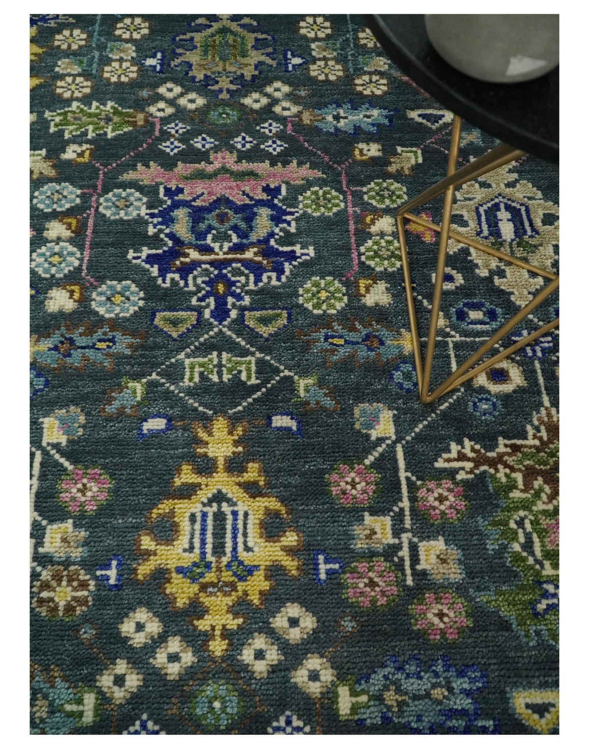 Antique Design Hand Knotted Charcoal, Green Moss and Blue Oushak Custom Made Rug.