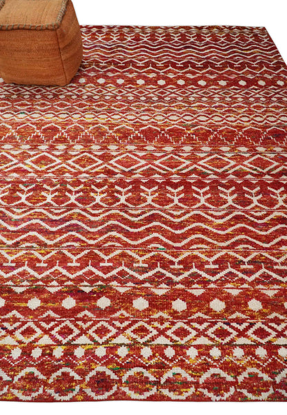 4x6 and 8x10 Hand Knotted Rust, Gold and White Modern Contemporary Southwestern Tribal Trellis Recycled Silk Area Rug.