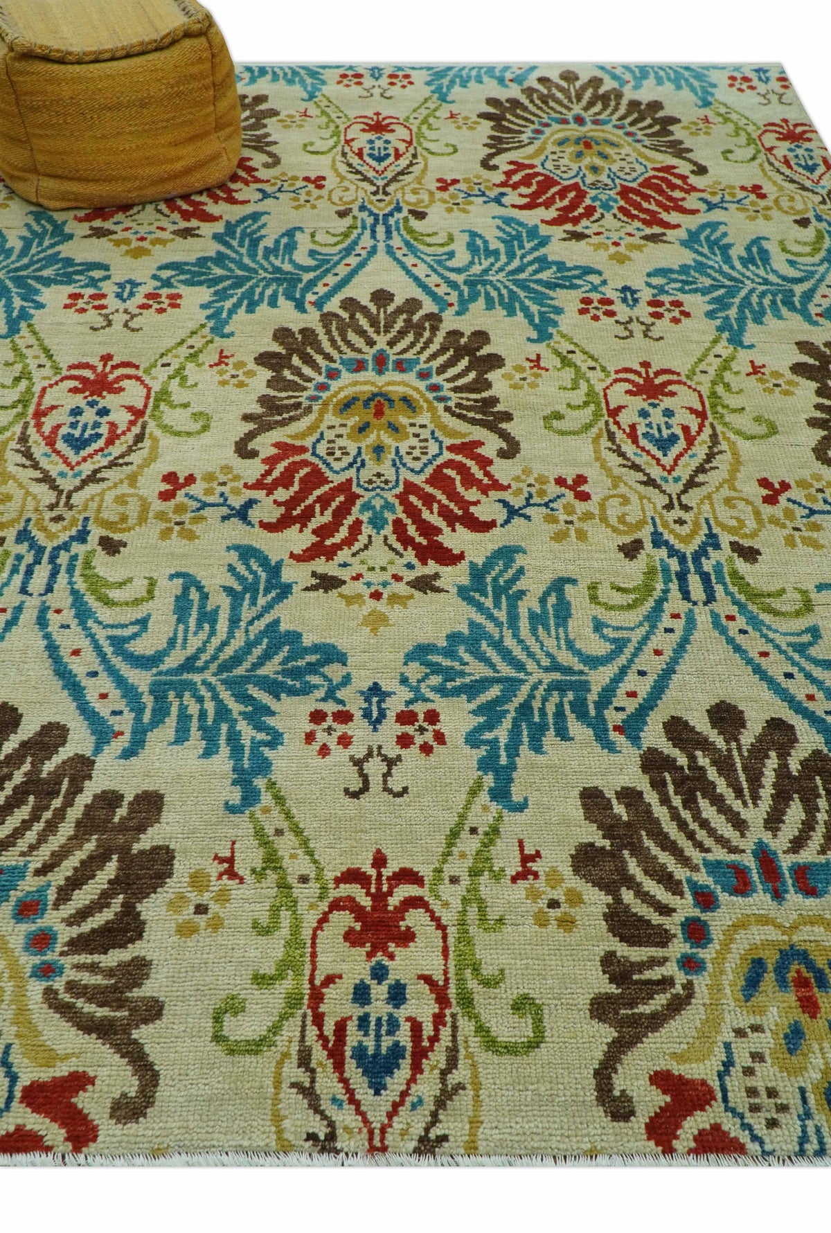 Custom Made Vintage Floral Ikat Design Beige And Blue Hand Knotted Wool Rug.