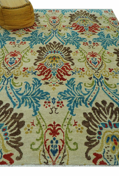 Custom Made Vintage Floral Ikat Design Beige And Blue Hand Knotted Wool Rug.