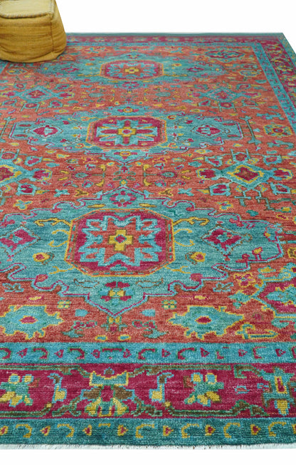 Custom Made Traditional Medallions Design Rust And Blue Hand Knotted Wool Rug.