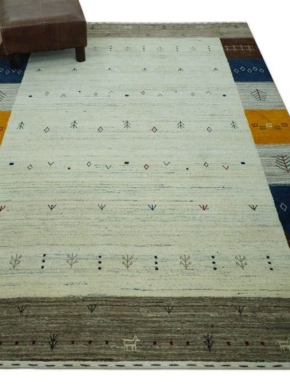 Ivory, Olive, Blue and Charcoal Handloom Tribal Gabbeh Multi Size wool Area Rug.