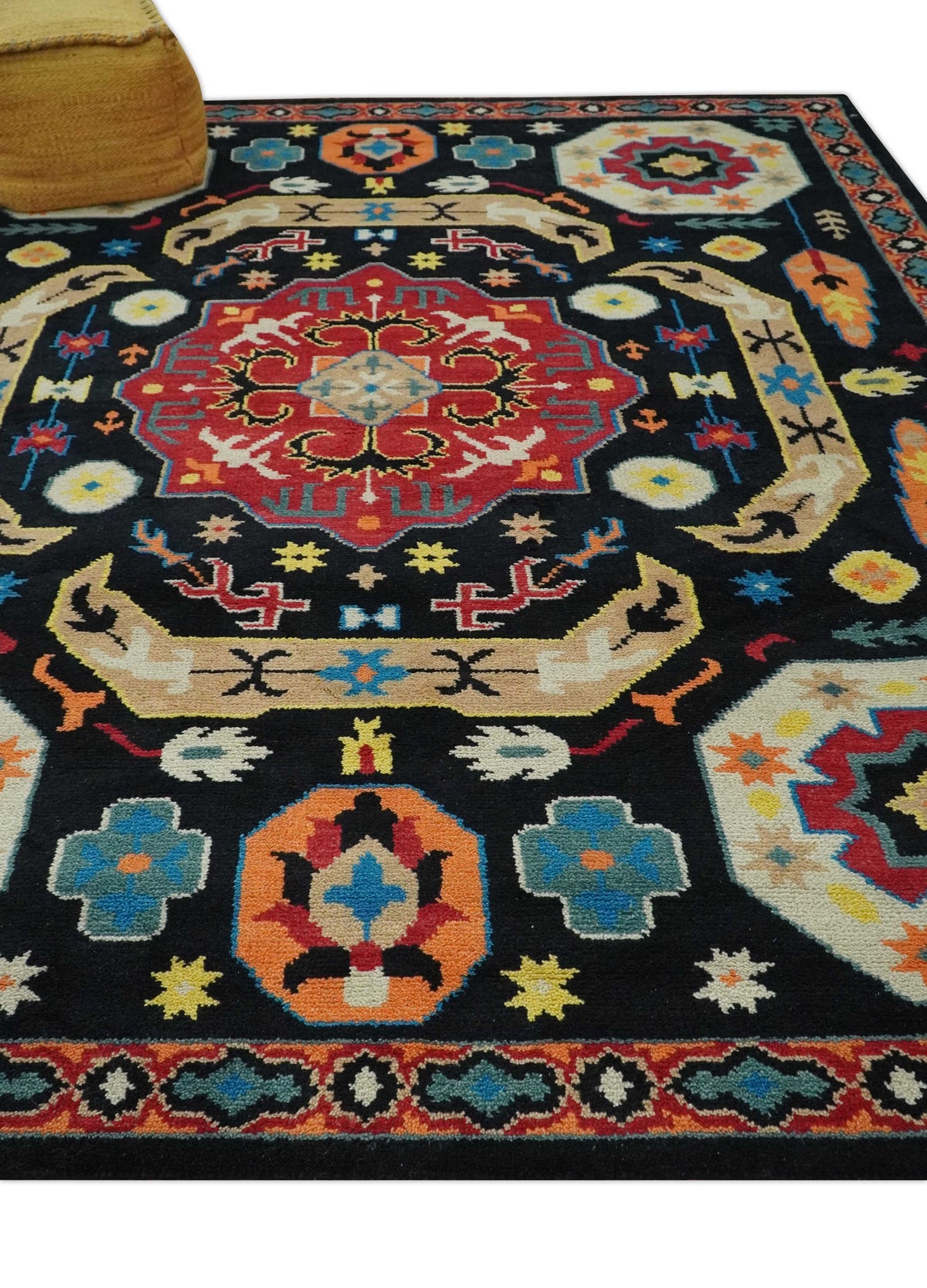 Custom Made Colorful Black, Maroon and Beige Traditional Mamluk Design wool Rug.
