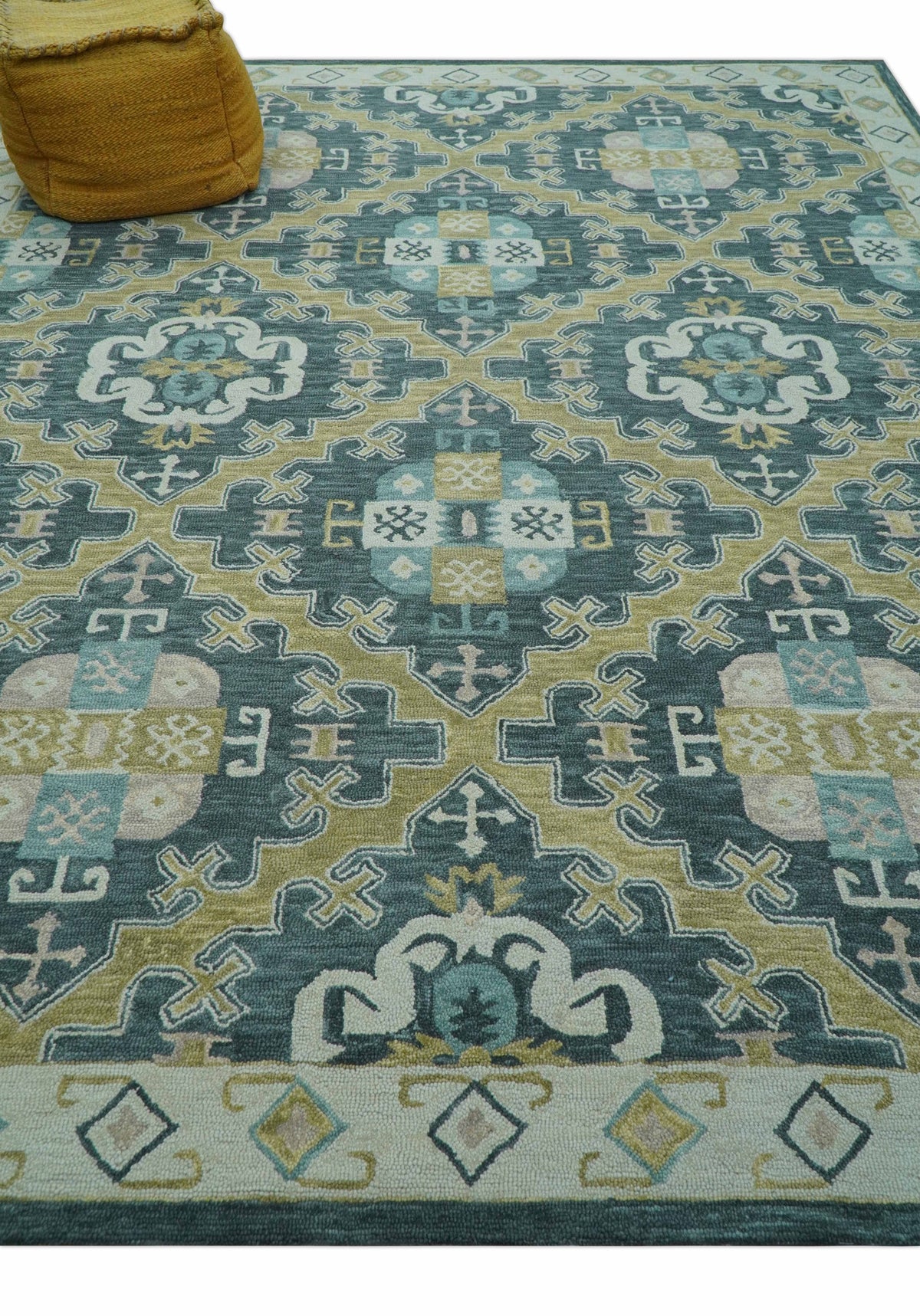 Taj Custom Made Teal Traditional Design Hand Tufted Wool Rug.