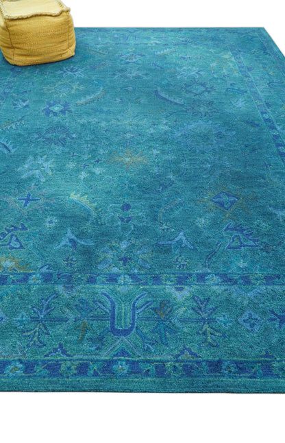 Custom Made Overdyed Traditional Oushak Blue Hand Tufted Wool Area Rug.