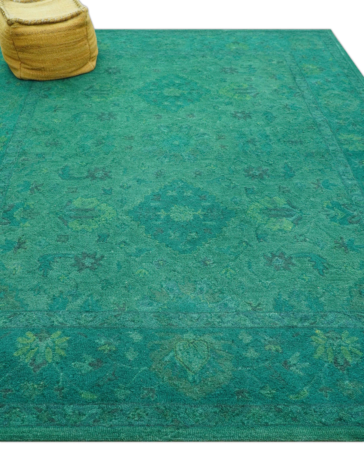 Custom Made Overdyed Traditional Oushak Green Hand Tufted Wool Area Rug.