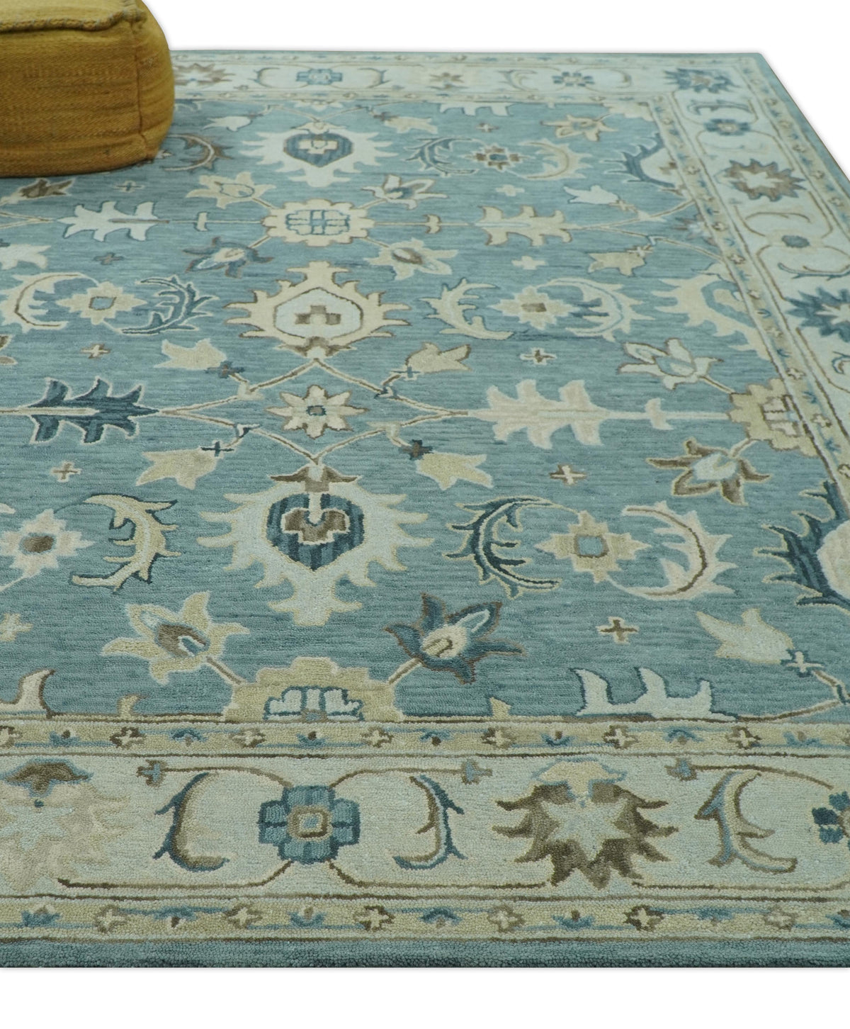 Custom Made Aqua, Ivory and Beige Hand Tufted Oriental Oushak wool area rug.