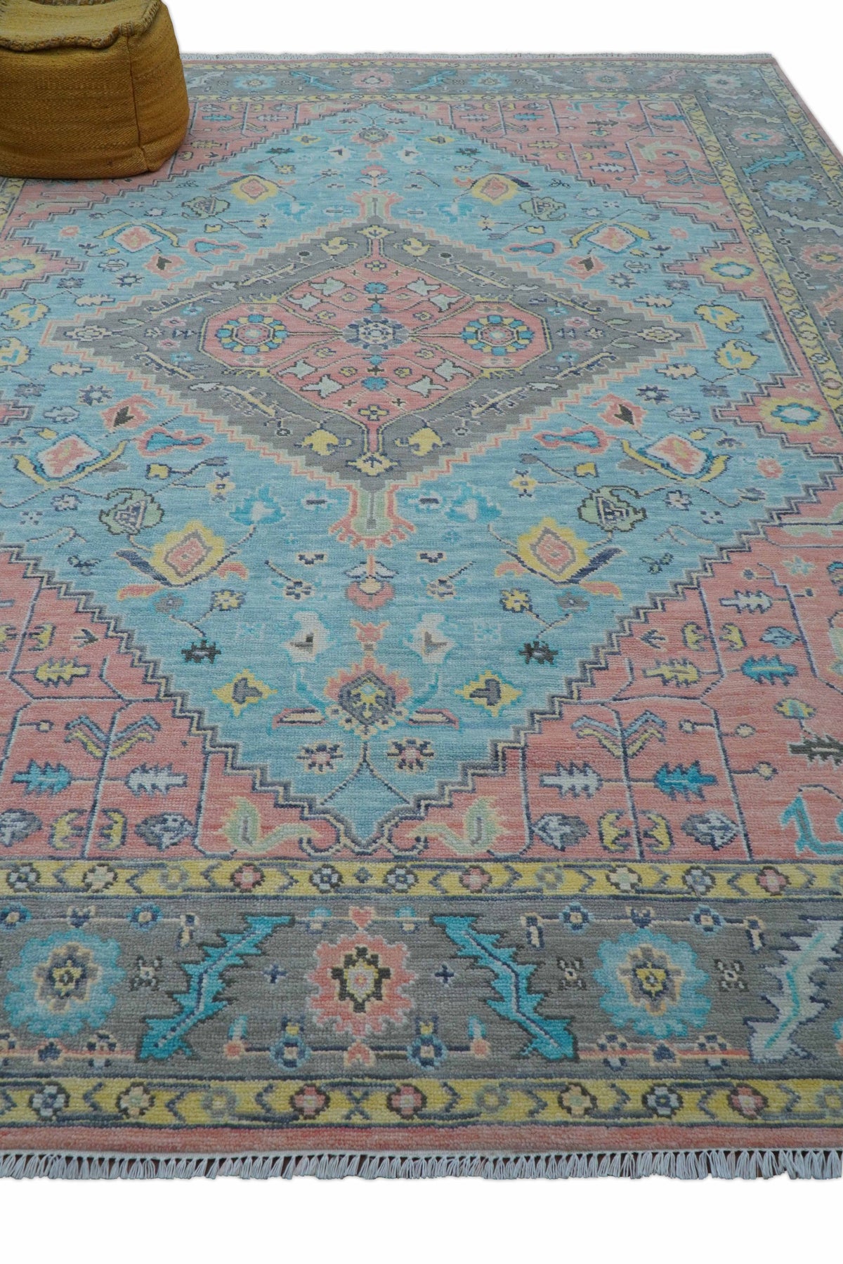 Eliane Custom Made Traditional Style Pink And Blue Hand Knotted Wool Area Rug.