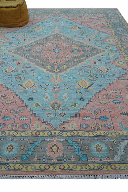 Eliane Custom Made Traditional Style Pink And Blue Hand Knotted Wool Area Rug.