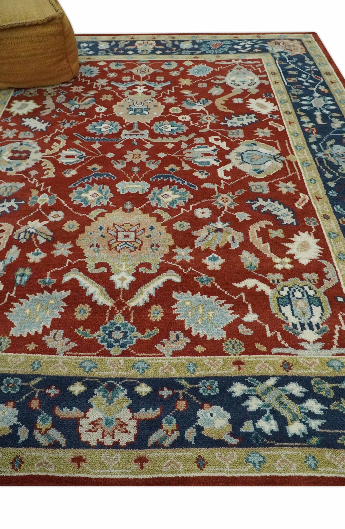 Floral Brown, Blue and Beige Hand Knotted Oriental Oushak Multi Size wool Area Rug.