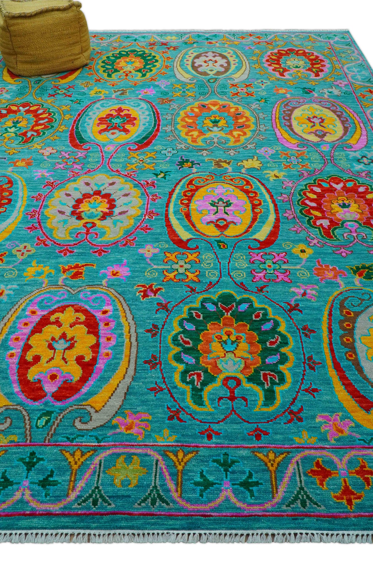 Custom Made Traditional Oriental Design Teal Hand Knotted Wool Area Rug.