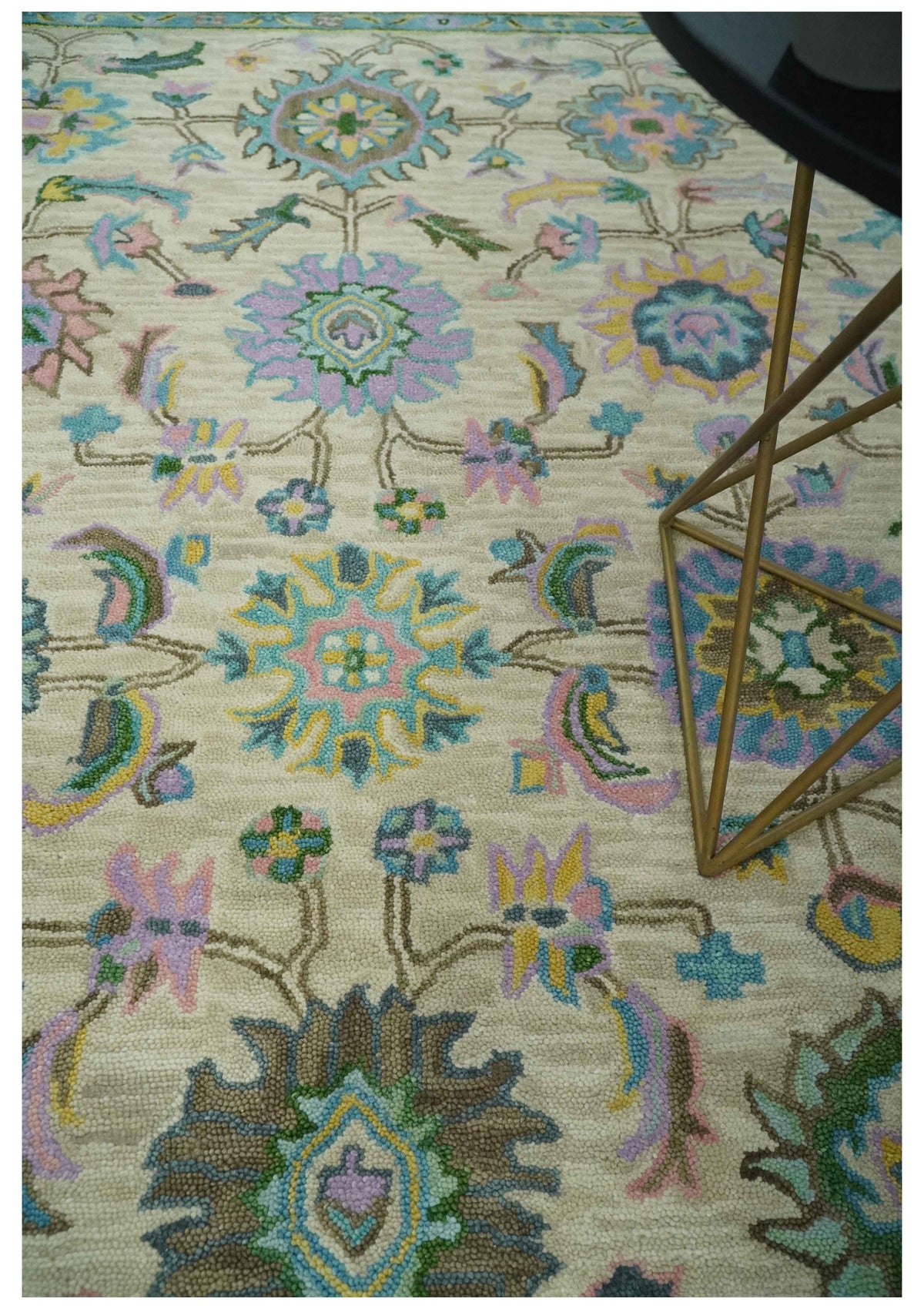 Custom Made Beige, Blue and Purple Traditional Floral Hand Tufted wool rug.