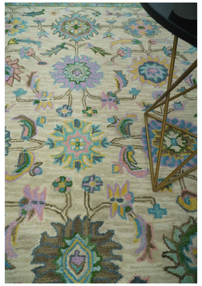 Custom Made Beige, Blue and Purple Traditional Floral Hand Tufted wool rug.