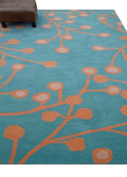 Custom Made Modern Floral Design Blue Hand Tufted Wool Area Rug.