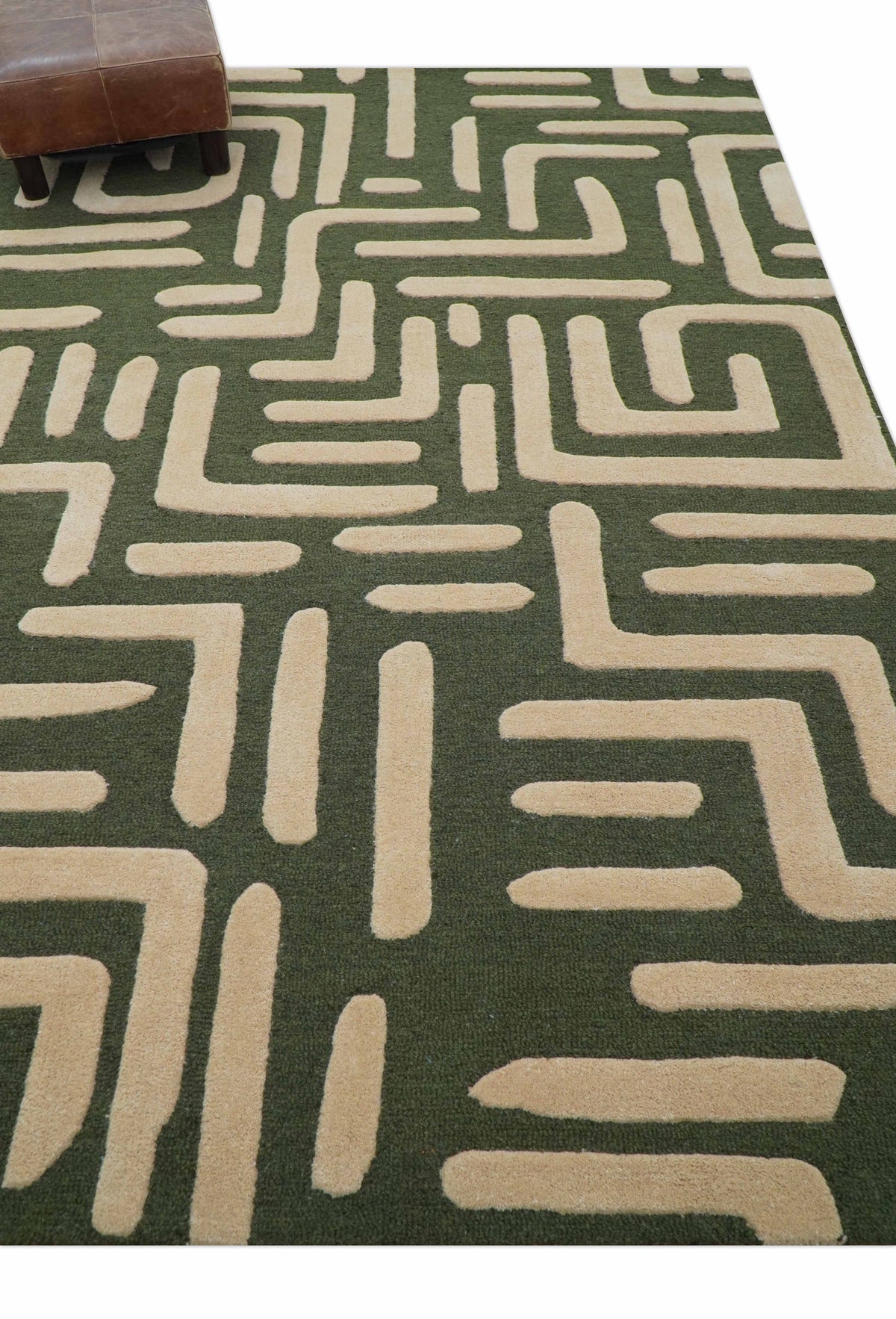 Maze Custom Made Modern Abstract Design Olive Hand Tufted Wool Area Rug.
