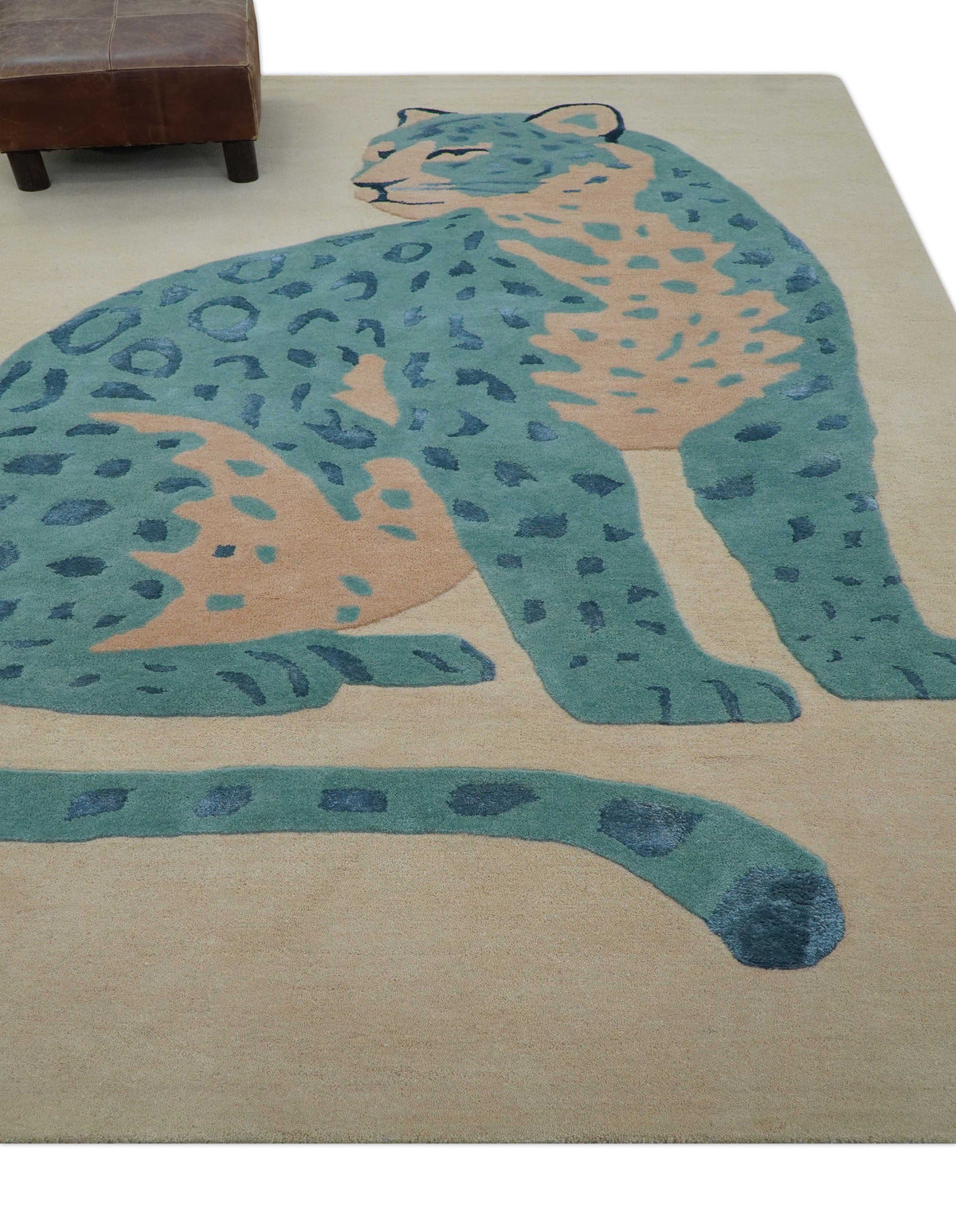 Custom Made Modern Animal Pattern Teal And Beige Hand Tufted Wool Area Rug.