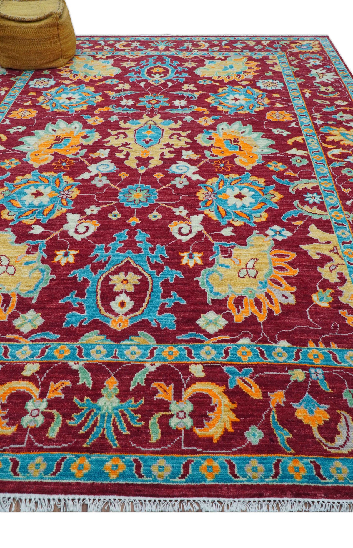 Custom Made Traditional Oushak Design Maroon Hand Knotted Wool Area Rug.