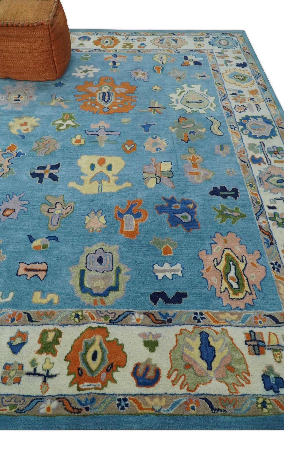 Hand Tufted Blue and Ivory Multi Size Modern Colorful Oushak Rug.