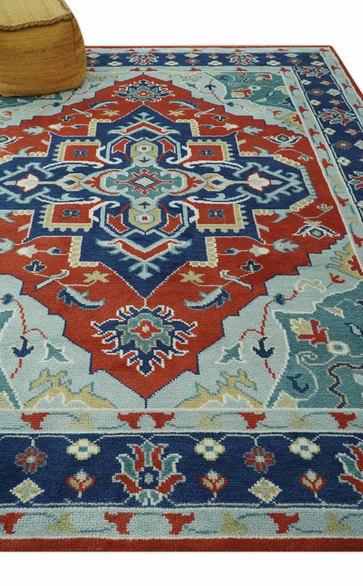 Custom Made Rust, Blue and Silver hand knotted Traditional Heriz wool area rug.