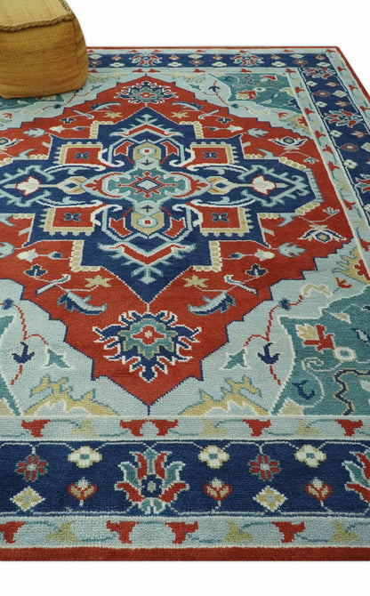 Custom Made Rust, Blue and Silver hand knotted Traditional Heriz wool area rug.
