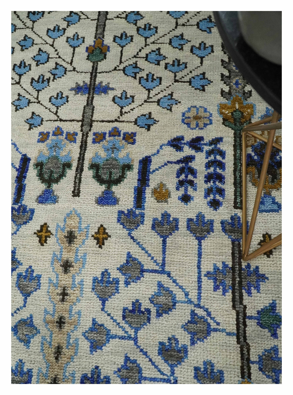 Custom Made Tree of life Hand Knotted Antique Ivory, Blue and Gray Wool area Rug.