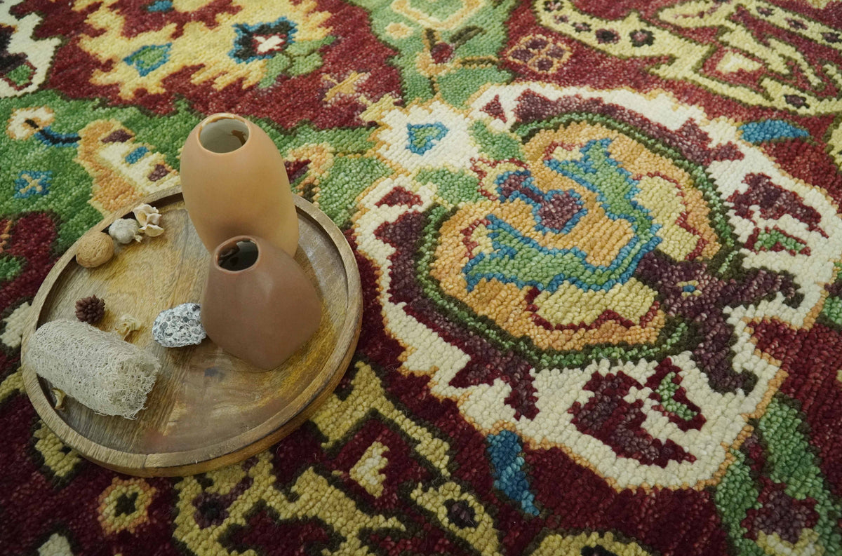 Traditional Large Design Maroon and Green Hand Knotted Custom Made wool area rug.