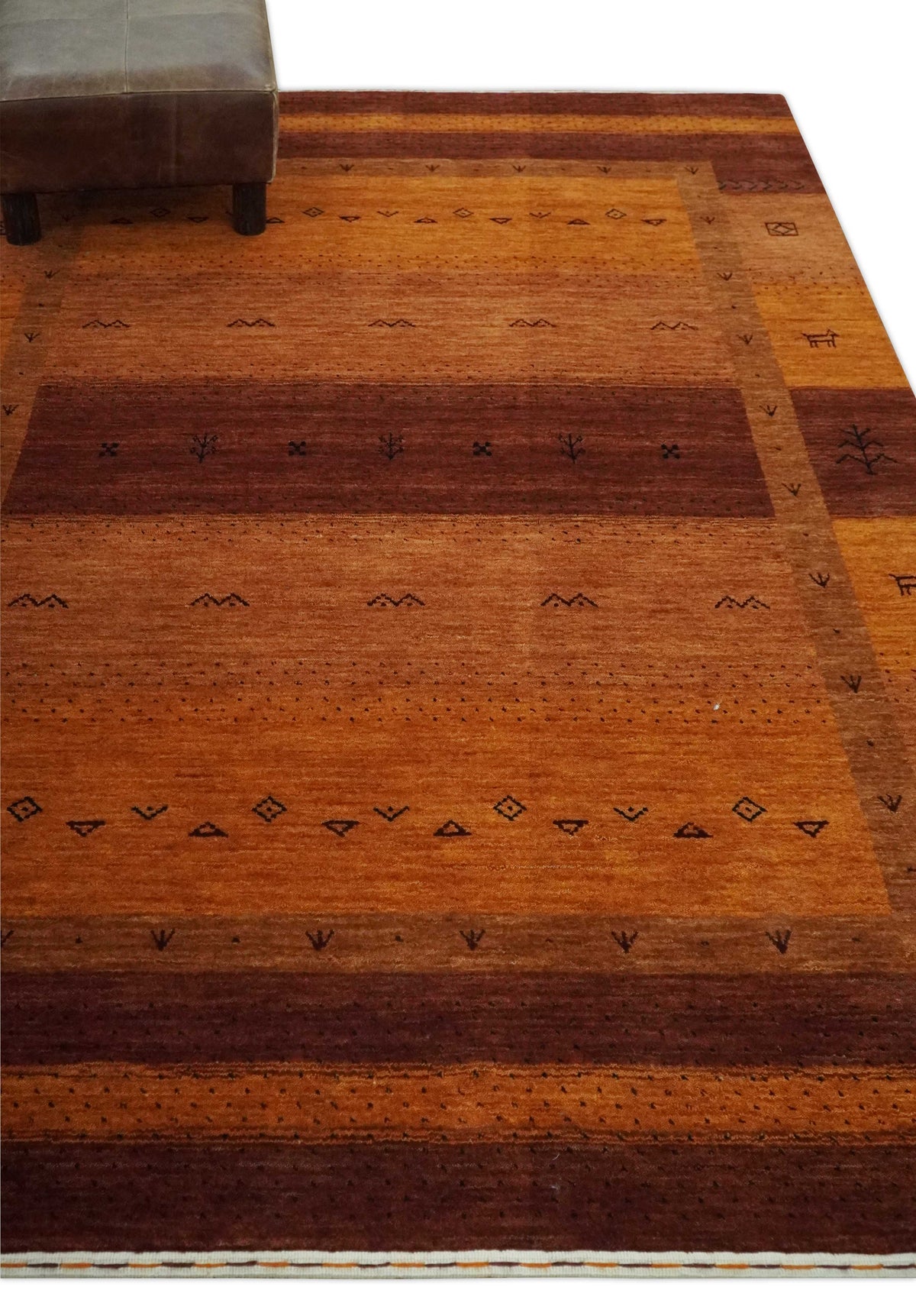 Custom Made geometrical Stripes Design Rust and Brown Hand loom wool Area Rug.