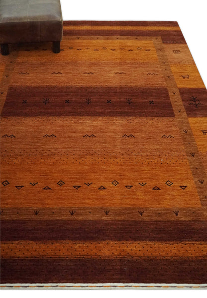 Custom Made geometrical Stripes Design Rust and Brown Hand loom wool Area Rug.