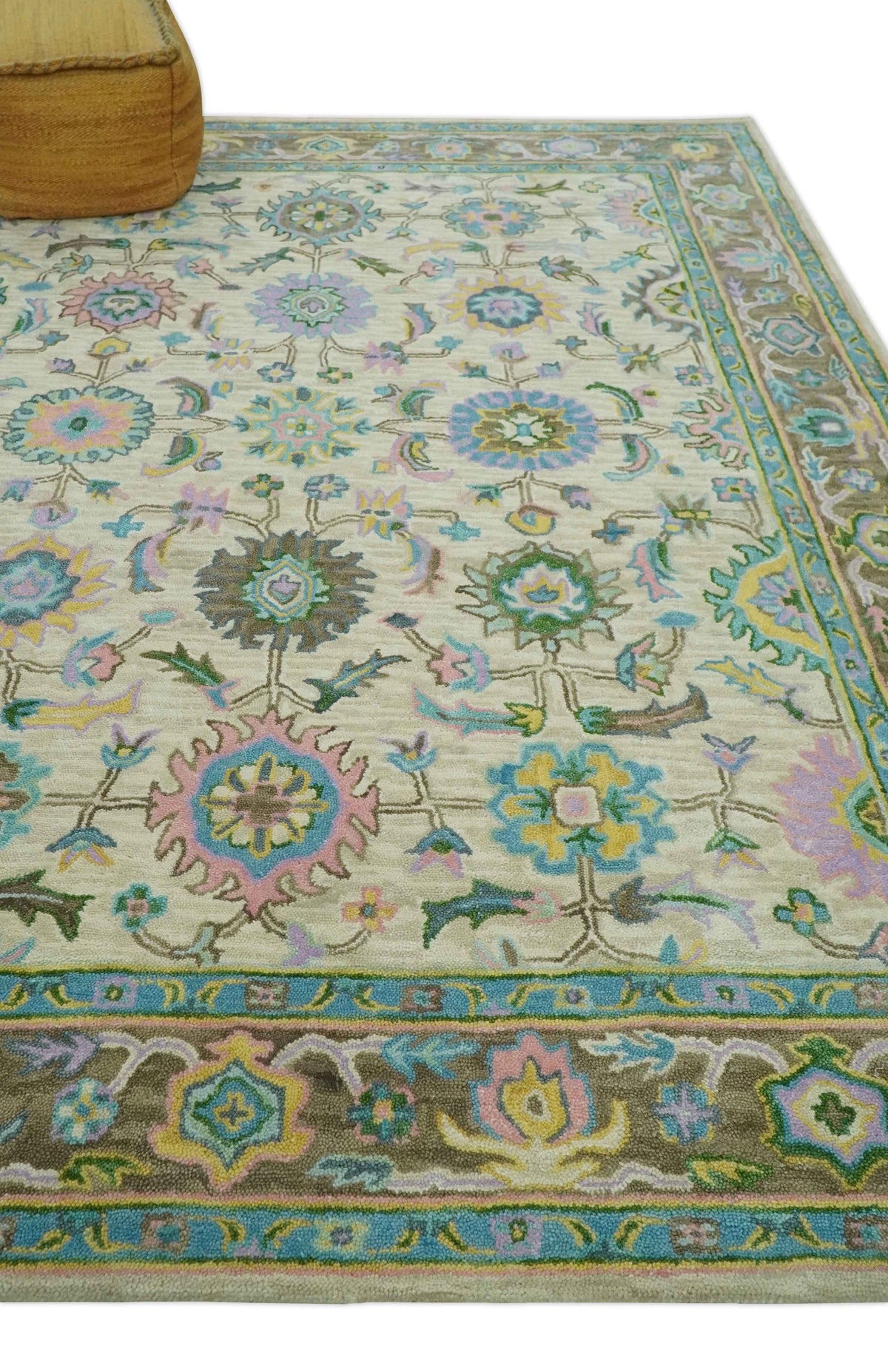 Custom Made Beige, Blue and Purple Traditional Floral Hand Tufted wool rug.