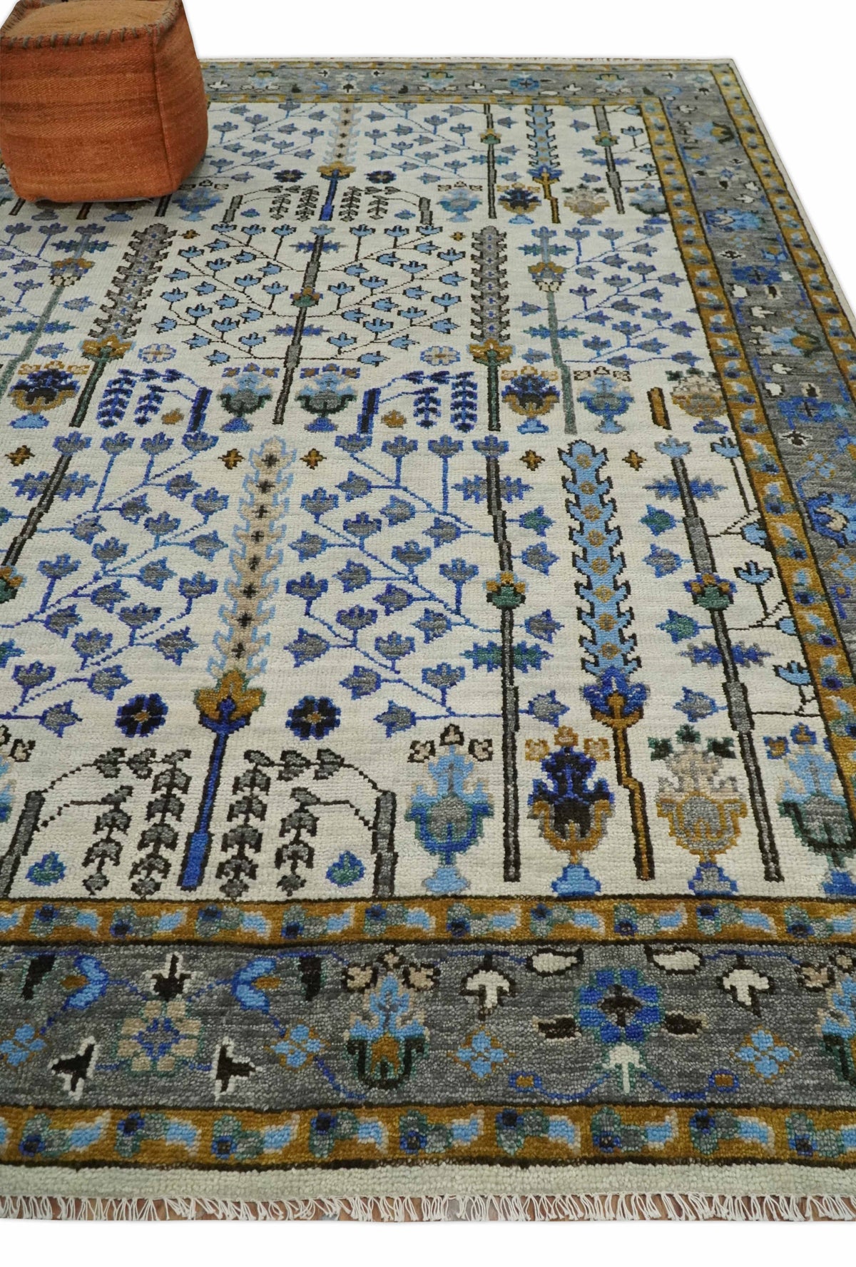 Custom Made Tree of life Hand Knotted Antique Ivory, Blue and Gray Wool area Rug.