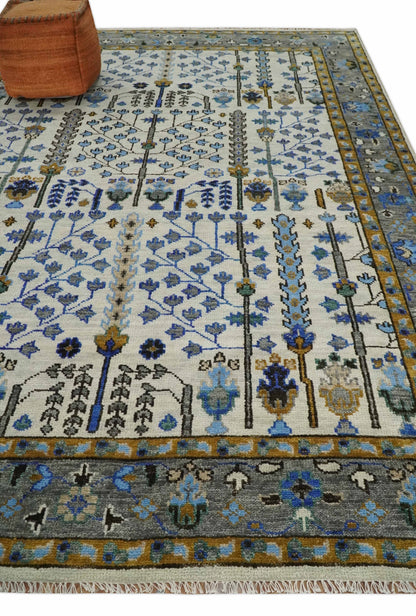 Custom Made Tree of life Hand Knotted Antique Ivory, Blue and Gray Wool area Rug.
