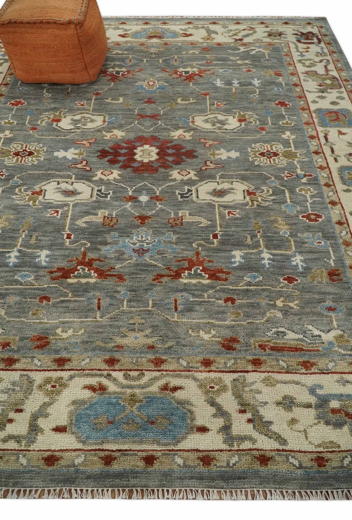Hand Knotted Gray, Red and Beige Traditional Vintage Style Custom Made Wool Area Rug.