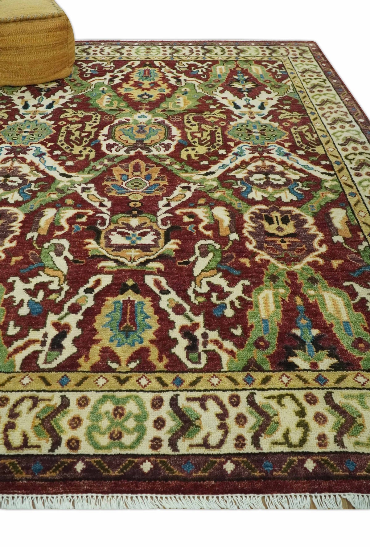 Traditional Large Design Maroon and Green Hand Knotted Custom Made wool area rug.